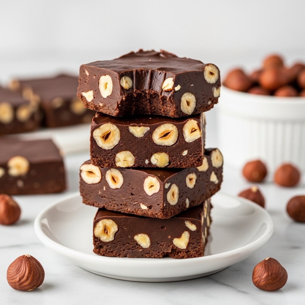 A stack of four thick, dark brown chocolate fudge squares sits on a small white plate, each square studded with chopped light tan hazelnuts that add texture to the smooth surface. The top piece has a visible bite taken out from the side, revealing the dense and rich interior. In the background, a blurred white bowl filled with whole hazelnuts contrasts with the clear, close-up view of the fudge, all placed on a white marbled surface with scattered hazelnuts around. photo taken with an iphone --ar 4:5 --v 7