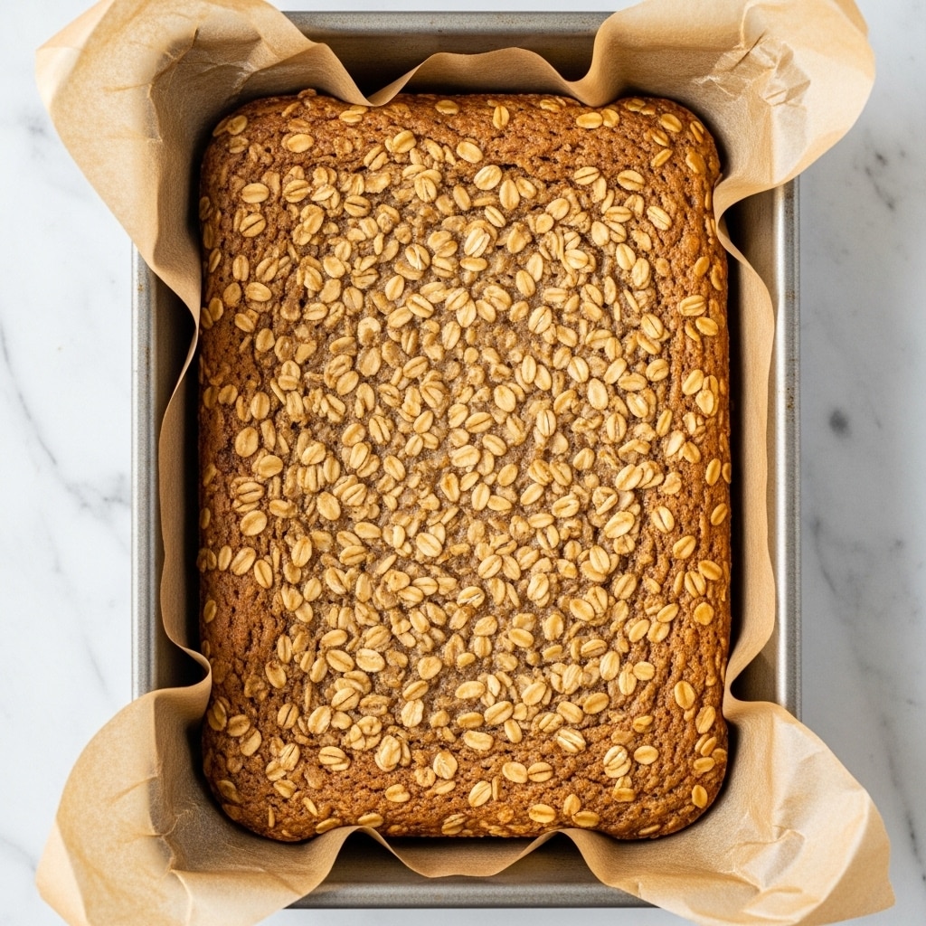 A freshly baked, golden-brown rectangular oat cake rests inside a baking tray lined with light brown parchment paper. The cake has a rough texture with visible oat flakes embedded across its evenly baked surface. The edges of the parchment paper are slightly wrinkled and extend beyond the tray’s sides. The tray is placed on a surface with a white marbled texture, adding a clean and simple background to the image. photo taken with an iphone --ar 4:5 --v 7