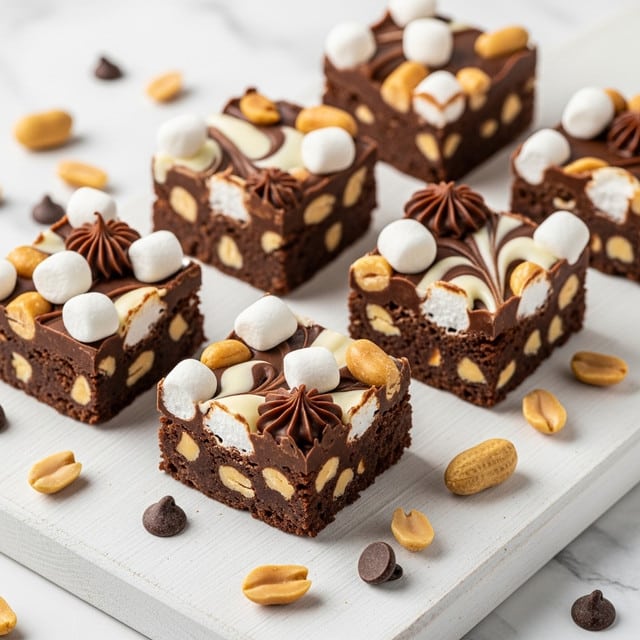 The image shows square pieces of chocolate fudge laid on a white wooden board. Each piece has visible layers and textures: a dark chocolate base mixed with peanut pieces, topped with small white marshmallows and some creamy swirls of chocolate and white cream on the surface. Scattered around are whole and halved peanuts and a few chocolate chips, adding to the rustic and homemade look of the treat. The background shows a white marbled texture. photo taken with an iphone --ar 4:5 --v 7