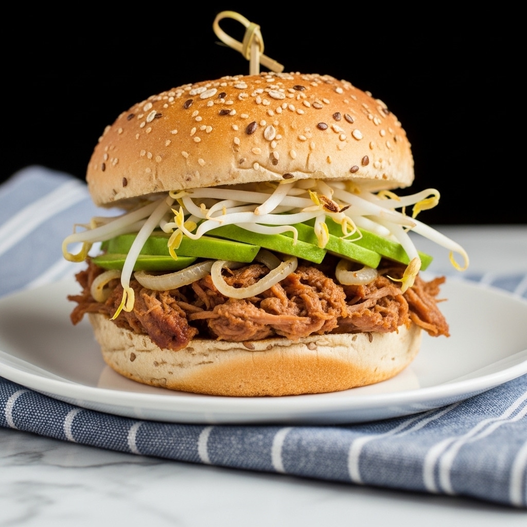 A pulled pork sandwich sits on a white plate with a blue-striped cloth underneath, placed on a white marbled textured surface. The sandwich has a soft, light brown bun with a top layer showing a whole grain texture. Inside the sandwich, shredded pulled pork with a deep brown color forms the first layer. On top of the pork, there are green avocado slices and some cooked onions with a light golden-brown color, followed by fresh white bean sprouts with a crunchy texture. A toothpick holds the sandwich layers together. The background is dark, making the sandwich colors stand out. photo taken with an iphone --ar 4:5 --v 7