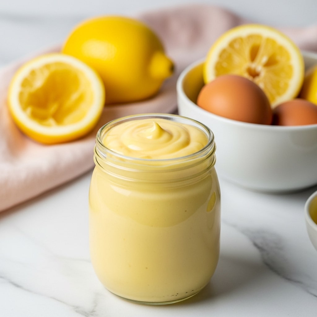 A clear glass jar filled with smooth, creamy lemon-yellow custard occupies the center of the image, showing a glossy and thick texture with soft peaks on the surface. Behind the jar, there is a whole lemon and a half lemon with the insides scooped out, placed on a soft light pink cloth. To the right, a white bowl holds a brown egg, a half lemon, and part of another object partially out of frame. The whole scene is set on a white marbled surface, creating a clean and bright background. Photo taken with an iphone --ar 4:5 --v 7