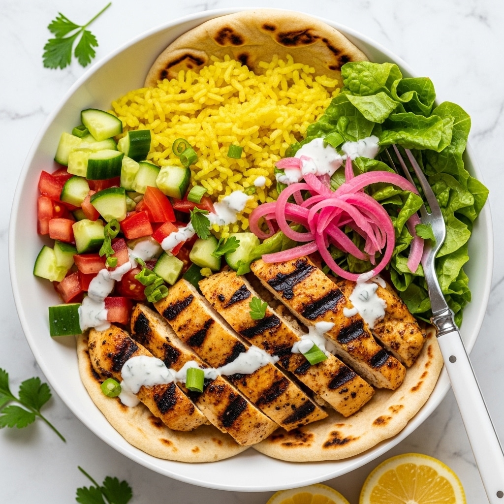 A white bowl contains a layered dish starting with a base of soft, slightly charred flatbread. On top, a thick layer of yellow rice spreads across the bowl, partly covered with grilled, sliced chicken pieces that have dark grill marks and a golden brown color. Fresh chopped cucumber and tomato form a bright red and green mix on one side, while fresh green lettuce leaves cover another part. Pickled pink onions add a pop of color on one side, and a white creamy sauce is drizzled over the chicken and flatbread. A silver fork with a white handle rests on the right side, partially on the lettuce. The bowl sits on a white marbled surface, with some green herbs sprinkled around and lemon wedges near the bottom of the frame. Photo taken with an iphone --ar 4:5 --v 7