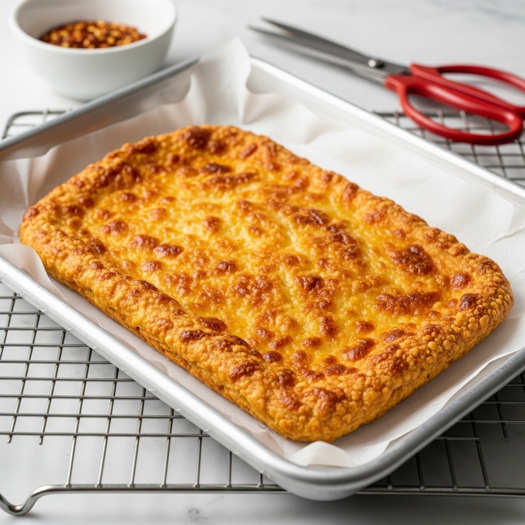A rectangular baked snack with a rough, bumpy texture and a golden-brown color, sitting inside a parchment paper-lined metal tray. The edges of the snack are slightly uneven and puffed up, showing a darker golden-brown toasted top. The tray is placed on a metal cooling rack set over a white marbled surface. Behind the tray, there is a small white bowl filled with red chili flakes, and near it, a pair of scissors with red handles is partially visible. photo taken with an iphone --ar 4:5 --v 7