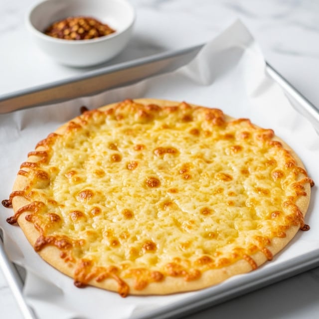 A single flat, baked cheese flatbread sits on white parchment paper in a metal baking tray. The flatbread has a thin, uneven layer with a golden yellow color and some browned spots scattered on top showing light browning and a slightly bubbly texture. In the background, a small white bowl filled with red chili flakes is slightly out of focus, while the whole scene is set on a white marbled surface. Photo taken with an iphone --ar 4:5 --v 7