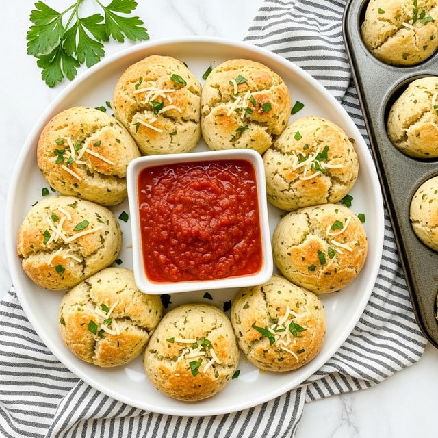 The image shows a white round plate with ten golden brown garlic herb biscuits arranged around a small white square bowl of rich red marinara sauce in the center. The biscuits have a soft, slightly cracked texture with visible herbs sprinkled on top, and are garnished with some shredded cheese and chopped green parsley leaves. The plate sits on a surface with a white marbled texture, with a striped black and white cloth nearby. Part of a dark muffin tray holding more biscuits is visible on the right side. photo taken with an iphone --ar 4:5 --v 7