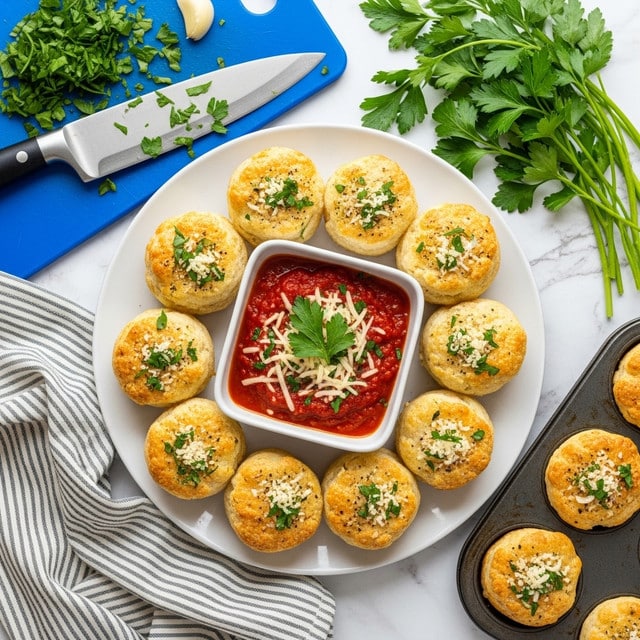 A white plate holds ten golden-brown biscuit cups arranged in a circle around a square white bowl filled with red marinara sauce topped with green parsley and light shreds of cheese. Each biscuit cup appears soft and flaky with visible flecks of black pepper and herbs, topped with more herbs and grated cheese. The plate sits on a white marbled surface with a striped cloth nearby. To the top left, fresh parsley and chopped leaves rest on a blue cutting board next to a large knife with some herb bits on the blade. In the lower right corner, a dark muffin tin contains two more biscuit cups sprinkled with herbs and cheese. Photo taken with an iphone --ar 4:5 --v 7