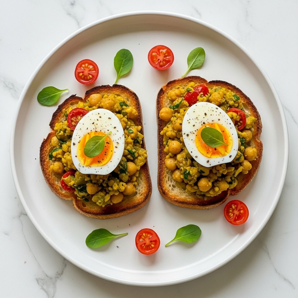 Two pieces of toasted bread with golden brown, crispy edges sit on a round white plate over a white marbled surface. On top of the toast, there is a thick layer of a mixed chickpea and vegetable mixture that is yellowish with hints of green from herbs, and small red tomato pieces. Two halved boiled eggs with firm white and pale yellow yolks are placed on top of the mixture, each garnished with a single small green herb leaf. Around the toast, small pieces of tomato and fresh green herbs are scattered loosely across the plate. photo taken with an iphone --ar 4:5 --v 7