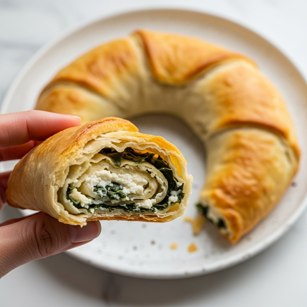 A golden-brown crescent-shaped pastry is broken open in the foreground, held by a woman's hand. Inside the pastry, there are visible layers of melted white cheese mixed with green leafy spinach, creating a creamy and textured filling. The pastry shell looks flaky and slightly crispy with a light brown color. In the background, the rest of the crescent pastry rests on a white plate with tiny speckles, placed on a white marbled surface. The photo is clear and close up, showing the details of the layers inside the pastry. photo taken with an iphone --ar 4:5 --v 7