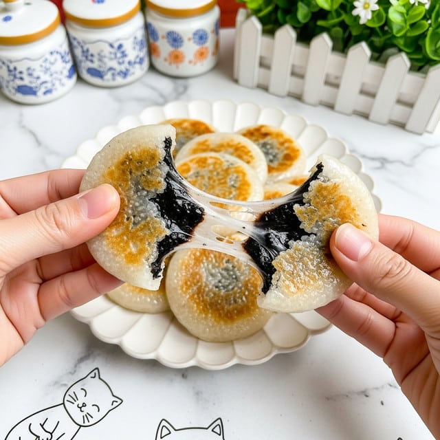 A white scalloped plate holds eight small round cakes, each about one layer thick with a textured surface showing pale golden and dark gray patches. The cakes are arranged in a loose circle, overlapping slightly, revealing their soft, slightly translucent texture with a hint of graininess. The plate sits on a white marbled surface that has simple red line drawings of cats and shapes in the background. photo taken with an iphone --ar 4:5 --v 7