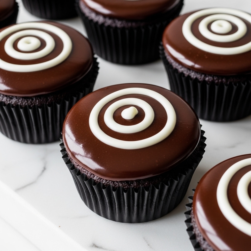 The image shows close-up chocolate cupcakes with a smooth glossy dark chocolate layer on top. Each cupcake has a swirl pattern of white icing placed centrally on the chocolate surface, creating a contrast. The cupcakes are in black ridged paper liners, arranged on a white marbled textured surface. The texture of the chocolate topping is shiny and reflective, and the dark cake underneath looks moist and soft. photo taken with an iphone --ar 4:5 --v 7