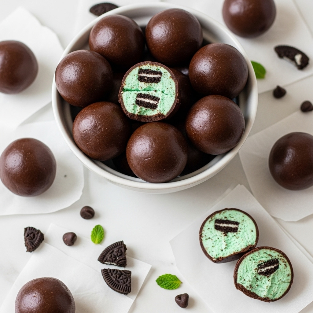 A white bowl filled with dark brown chocolate balls that have a smooth, shiny surface. One ball near the top has a bite taken out, showing a two-layer inside: a mint green creamy filling with small dark chocolate cookie pieces mixed inside. Around the bowl, more chocolate balls rest on white parchment paper on a white marbled table, with one ball cut in half displaying the same mint green and chocolate cookie filling inside. Small pieces of dark chocolate cookies and mint bits are scattered casually on the surface. photo taken with an iphone --ar 4:5 --v 7