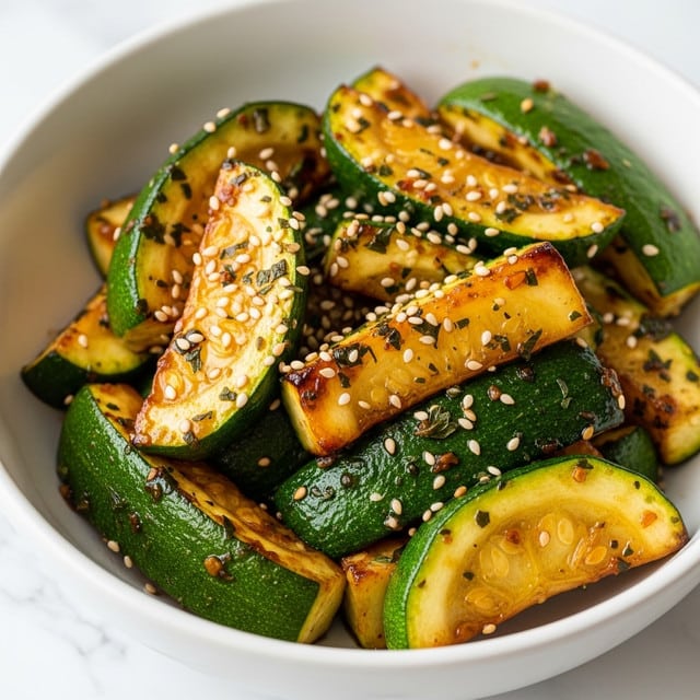 A white bowl filled with cooked zucchini sticks cut into thick, uneven wedges, each piece showing bright green skin with a tender, lightly browned yellow interior. The zucchini is coated in a shiny, dark brown sauce with visible herbs and small bits of seasoning. White sesame seeds are scattered generously over the zucchini, adding texture and contrast. The bowl sits on a white marbled surface, and the shot is focused closely to capture the glossiness and details of the sauce on the vegetable pieces. photo taken with an iphone --ar 4:5 --v 7