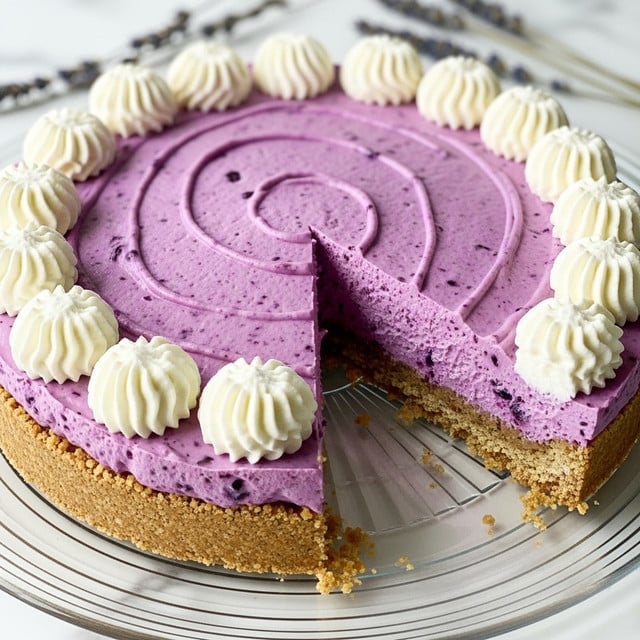 A round pie with a light brown crumbly crust at the bottom, topped with a thick, smooth layer of light purple filling that has small bits of darker purple mixed throughout. The edge of the pie is decorated with evenly spaced white whipped cream swirls. A slice is missing, revealing the thickness of the purple layer and the crust underneath. The pie sits on a clear glass plate with soft ridges, placed on a white marbled surface, with some sprigs of dried lavender in the background. photo taken with an iphone --ar 4:5 --v 7