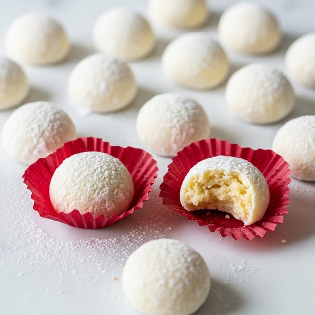 The image shows many round, white powdered sugar-covered cookies spread on a white marbled surface, each with a smooth but slightly bumpy texture. Two cookies sit inside crinkled, deep red wrappers; one is whole, and the other is bitten to show a soft, creamy, pale yellow inside with a crumbly texture. Powdered sugar is lightly dusted around the cookies on the surface. photo taken with an iphone --ar 4:5 --v 7