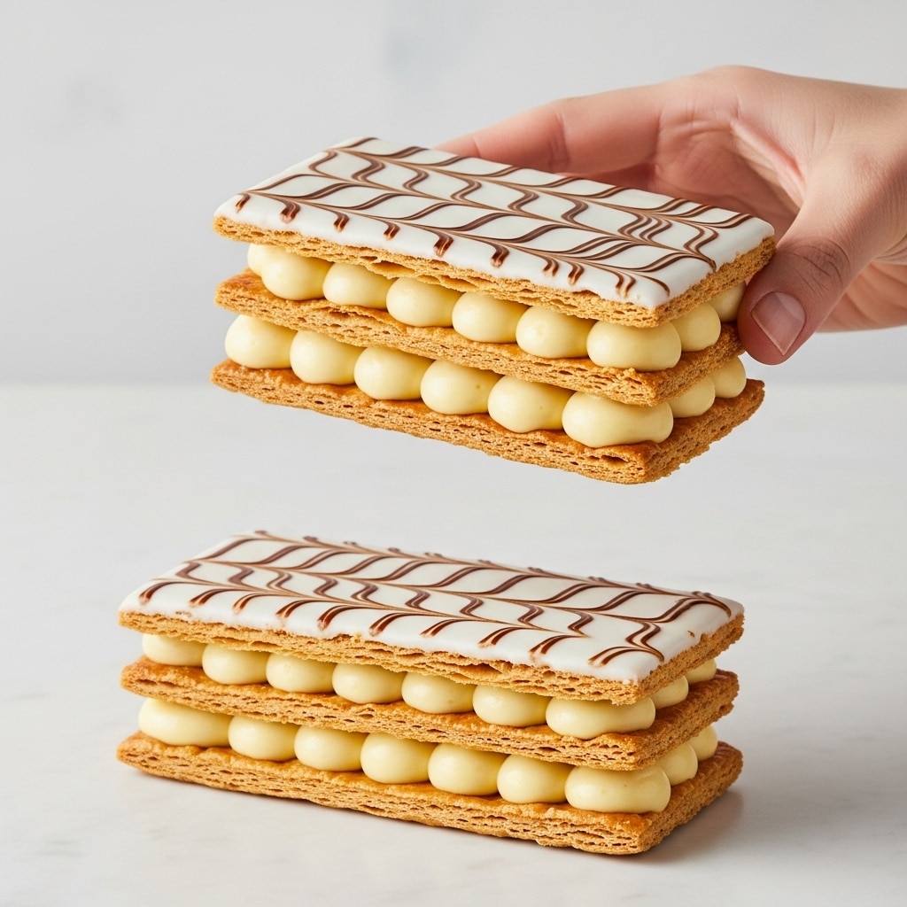 A three-layer mille-feuille pastry is shown, where each layer is made of a thin, golden-brown puff pastry. Between the first and second, and second and third pastry layers, there are thick dollops of creamy, pale yellow custard evenly spread. The top layer is covered with smooth white icing decorated with brown wavy lines, creating a feathered pattern. A woman's hand is holding the mille-feuille on the right side, showing the filling and layers clearly. Another mille-feuille lies flat below on a white marbled surface. photo taken with an iphone --ar 4:5 --v 7