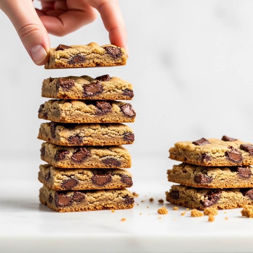 A tall stack of seven thin, chewy chocolate chip cookie bars with a light golden brown color is placed on a white marbled surface. Each bar has a rough, crumbly texture with dark brown chunks of melted chocolate scattered throughout. A woman's hand is lifting the top cookie bar, showing its slightly uneven edges and soft inside. To the right, there is another smaller stack of similar cookie bars with a few crumbs around them, adding to the fresh-baked feeling. photo taken with an iphone --ar 4:5 --v 7
