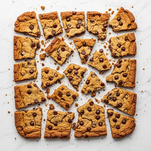 This image shows a large, flat sheet of golden brown chocolate chip cookie bark broken into many irregular pieces spread out over a white marbled texture. The cookie bark has a rough, crumbly texture with some edges darker and more crisp. Dark chocolate chips are scattered evenly throughout each piece, creating a contrast with the lighter cookie dough. The broken pieces vary in size, some larger and some small, with crumb fragments scattered between them, giving a casual, rustic look. Photo taken with an iphone --ar 4:5 --v 7