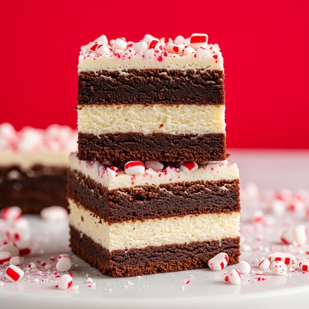 The image shows a close-up of two stacked dessert bars. Each bar has three clear layers: a thick, dark brown, moist chocolate brownie layer at the bottom, a creamy white cheesecake layer in the middle, and a thin layer of white frosting or cream on top. The top of the bars is sprinkled with crushed peppermint candy pieces, which are white with red stripes. More crushed peppermint pieces are scattered around the base on a white marbled surface, enhancing the festive look. The background is a solid bright red, making the dessert stand out vividly. photo taken with an iphone --ar 4:5 --v 7