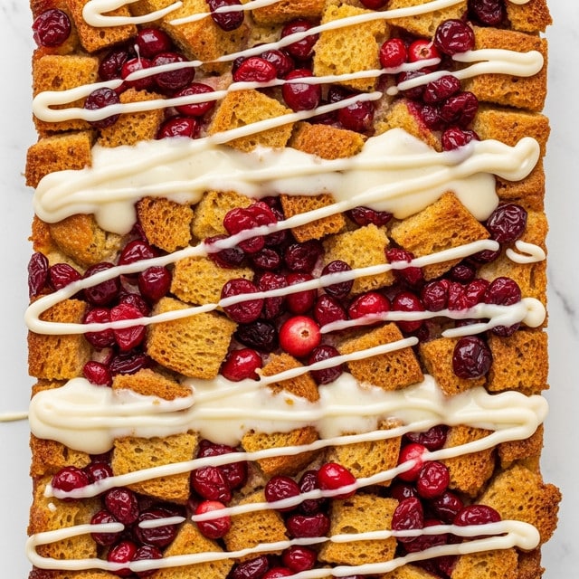 The image shows a close-up top view of a baked bread pudding with three main layers visible. The base layer is made of toasted golden brown bread cubes, each with a crunchy, slightly rough texture. Scattered evenly between the bread pieces are bright red cooked cranberries that add pops of color and a juicy, glossy texture. Drizzled generously over the entire dish is a smooth, creamy white glaze with a light shine, flowing in thin lines across the bread and cranberries. The whole scene is set against a white marbled textured background. photo taken with an iphone --ar 4:5 --v 7