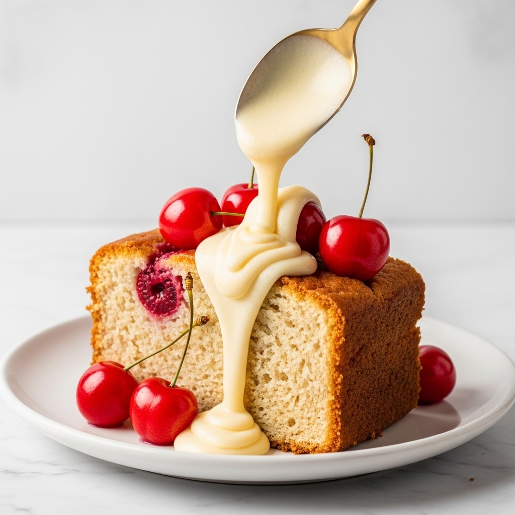 A thick slice of light beige cake with a soft, crumbly texture is placed on a white plate. The cake is topped with several whole red cherries that add a bright pop of color. A smooth, creamy pale yellow sauce is being poured over the top of the cake from a golden spoon, flowing down the sides and blending with the cherries. The scene is set against a white marbled textured surface. photo taken with an iphone --ar 4:5 --v 7
