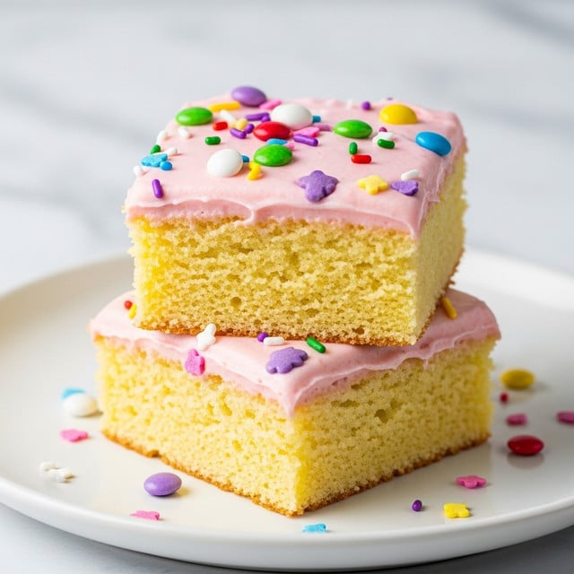 The image shows two square pieces of yellow cake stacked on a white plate with a white marbled texture in the background. Each cake has a thick, smooth layer of light pink frosting on top, sprinkled with small, colorful candy sprinkles in various shapes and colors like white, purple, green, yellow, and red. The cake looks soft and moist with a slightly crumbly texture at the edges, while the frosting appears creamy and smooth. Additional sprinkles are scattered around the plate. The photo taken with an iphone --ar 4:5 --v 7