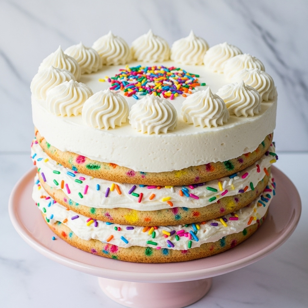 A three-layer cake sits on a white cake stand with soft pink tint, each layer showing a beige cookie base with colorful sprinkles embedded inside, separated by thick white cream with scattered rainbow sprinkles in it. The top layer is fully covered with smooth white cream, decorated with a ring of white piped cream swirls around the edge, and more rainbow sprinkles spread in the center. The background is a white marbled texture. photo taken with an iphone --ar 4:5 --v 7