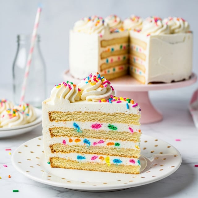 A slice of layered cake sits on a white plate with small gold dots, placed on a white marbled texture. The cake has four visible layers of light tan biscuits, stacked horizontally and separated by thick white cream layers with colorful sprinkles mixed inside. The top layer is thick white cream decorated with swirls of whipped cream and topped with more colorful sprinkles, creating a fun and festive look. In the background, the full cake is slightly out of focus on a pale pink stand, and a glass bottle with a striped straw is also visible. photo taken with an iphone --ar 4:5 --v 7