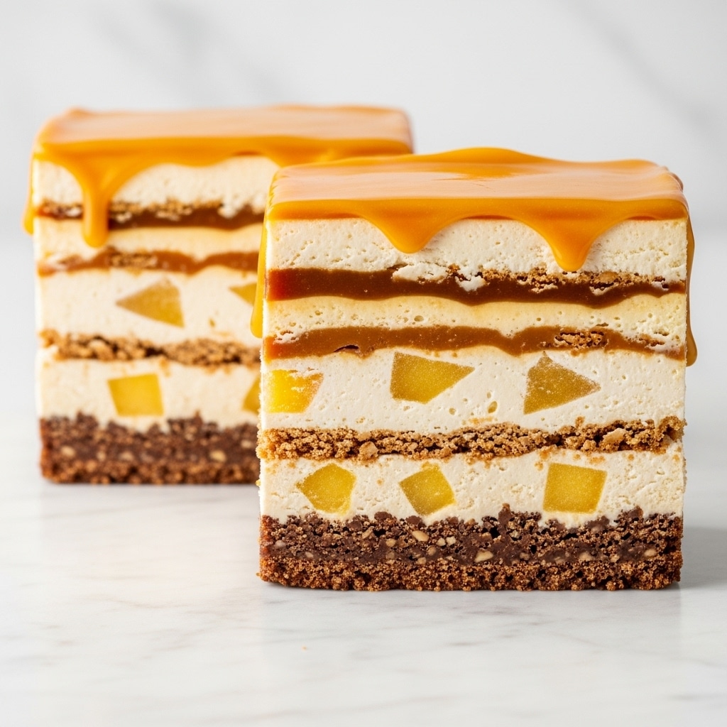 The image shows two slices of a layered dessert on a white marbled surface. Each slice has about five layers: starting from the bottom, there is a dark brown crunchy layer, followed by a creamy off-white layer with small chunks of light yellow fruit, then a thin caramel-colored gooey layer, another creamy layer with fruit pieces, and one more crunchy layer. The top of the dessert is covered with a smooth, bright golden caramel glaze that drips slightly down the sides. The texture of the layers is varied, with crisp edges, soft creamy sections, and shiny caramel. Photo taken with an iphone --ar 4:5 --v 7
