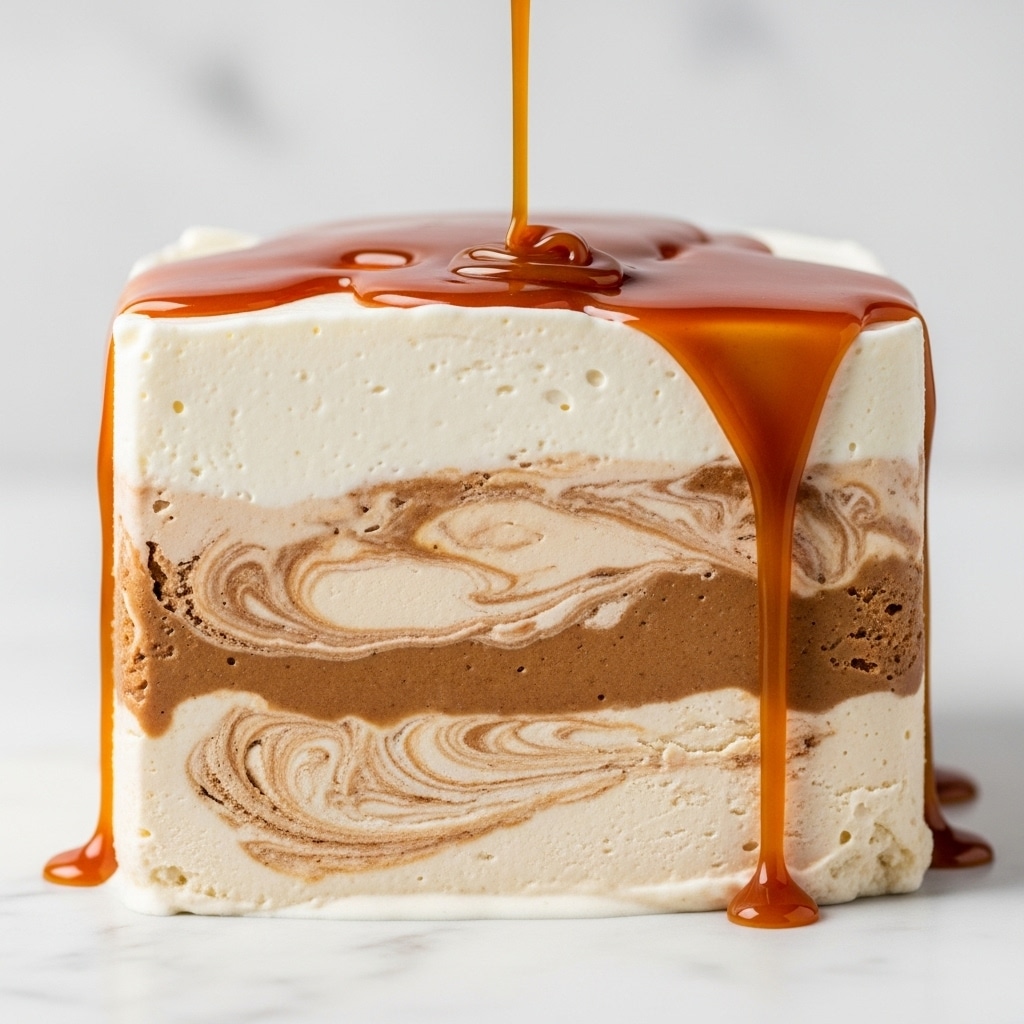 The image shows a close-up of a creamy, ice cream-like dessert with three main layers. The bottom layer is a light beige creamy base with swirls of darker brown, giving it a textured look. The middle layer has a mix of cream and brown swirled together in a marbled pattern. The top layer is smooth and white, with thick, glossy caramel sauce being poured over it, some of which drips down the sides. The dessert sits on a white marbled surface. Photo taken with an iphone --ar 4:5 --v 7