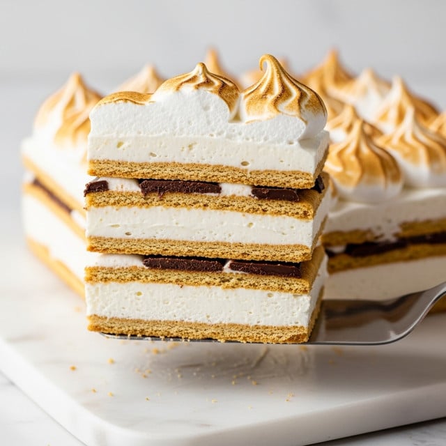 The image shows a close-up of a layered dessert slice being lifted on a spatula. The dessert has five main layers of golden-brown graham crackers alternating with four thick layers of white cream and thin dark chocolate layers between some crackers. The top layer is a fluffy, toasted meringue with light golden-brown peaks. The dessert rests on a smooth white marbled board, and in the background, more of the dessert is visible. photo taken with an iphone --ar 4:5 --v 7