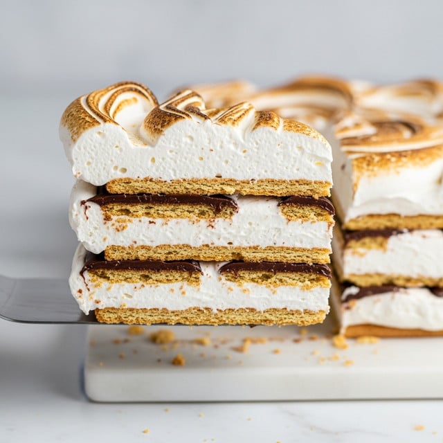 A slice of layered dessert is shown being lifted with a spatula, featuring four distinct layers of light brown graham crackers alternating with thick white marshmallow cream and thin dark chocolate layers between some of the crackers. The top layer is a thick, fluffy, toasted marshmallow cream with a slightly browned, swirled texture. The whole dessert rests on a white marbled surface with a blurred background. Photo taken with an iphone --ar 4:5 --v 7
