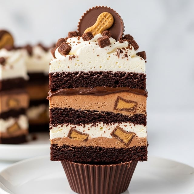 A close-up of a layered dessert slice held above a white plate with a chocolate cup beneath it, showing five visible layers: the bottom layer is dark chocolate cake, followed by a thicker light cream layer with bits of peanut butter cup, then a thin chocolate ganache layer, another dark chocolate cake layer, topped by a thick white cream layer with large chocolate crumbs sprinkled all over it; a large peanut butter cup sits on top as decoration, with a white marbled background slightly blurred behind. Photo taken with an iphone --ar 4:5 --v 7