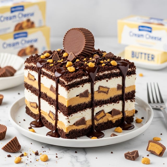The image shows a layered dessert on a white plate with thick layers of dark chocolate crumb on the top and bottom. The dessert has alternating layers of creamy white filling and lighter brown peanut butter cream, with pieces of chocolate pieces inside the peanut butter layer. There is a large chocolate peanut butter cup standing upright in the top layer, and a drizzle of dark chocolate sauce over the top and sides. Extra small peanut butter cups and crumbs are scattered on the plate around the dessert. In the background, there are boxes of cream cheese and butter on a white marbled surface, with a fork placed beside the plate. photo taken with an iphone --ar 4:5 --v 7
