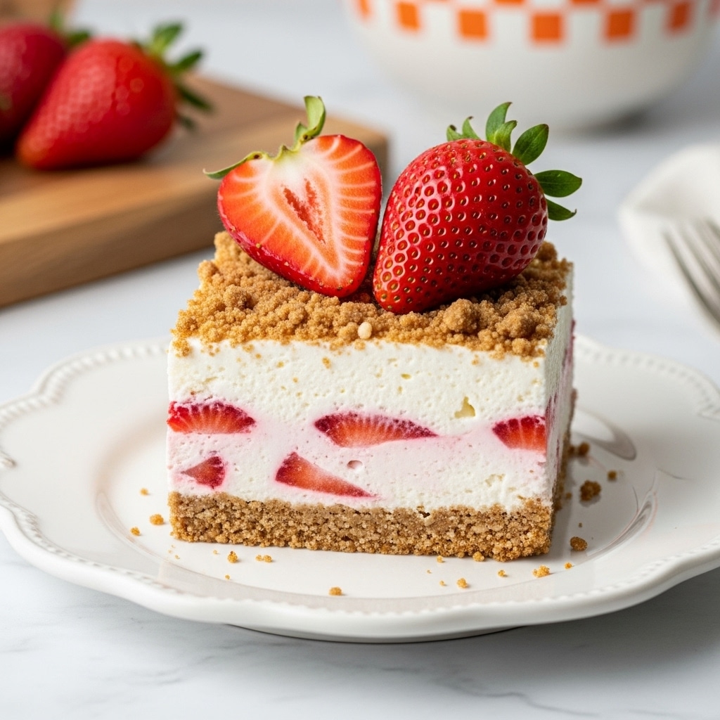 A dessert piece sits on a white plate with a scalloped edge, featuring three layers. The bottom layer is a crumbly brown crust, the middle layer is a thick, white creamy filling mixed with bits of red strawberries, and the top layer is a sprinkling of more brown crumbles. Two large, fresh strawberry halves with green tops rest on the very top center, adding bright red and green colors. The plate is set on a white marbled surface with a wooden board and a bowl with orange checkered patterns in the blurred background. photo taken with an iphone --ar 4:5 --v 7