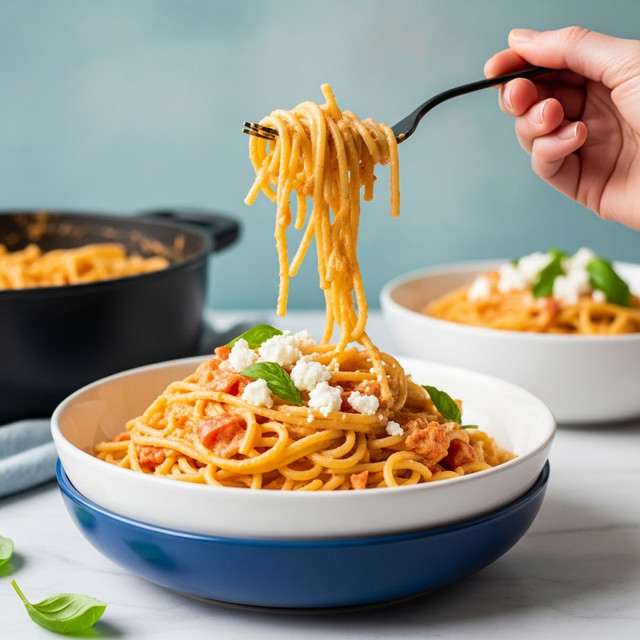 A close-up of creamy spaghetti pasta served in a white bowl stacked on top of a blue bowl, placed on a white marbled surface. The pasta is coated in a light orange creamy sauce with bits of red tomato visible. The top layer is garnished with small white crumbles of cheese and fresh green basil leaves. A woman's hand is holding a black fork lifting a twirl of pasta above the bowl, showing the thick texture of the sauce clinging to the noodles. In the background, there is a pot of the same pasta and another white bowl with pasta, all set against a soft blue-green blurred backdrop. Photo taken with an iphone --ar 4:5 --v 7