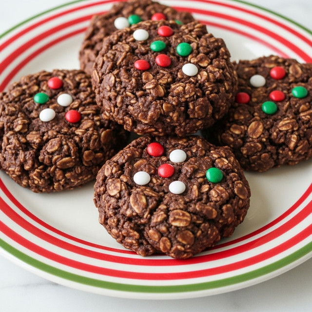 The image shows a close-up of five dark brown chocolate no-bake cookies with a rough, chunky texture from oats and other ingredients. Each cookie is thick and round with an uneven surface. They are topped with small round sprinkles in red, green, and white colors scattered across the cookies. The cookies sit on a white plate with bold red stripes and a green rim, placed on a white marbled surface. Photo taken with an iphone --ar 4:5 --v 7
