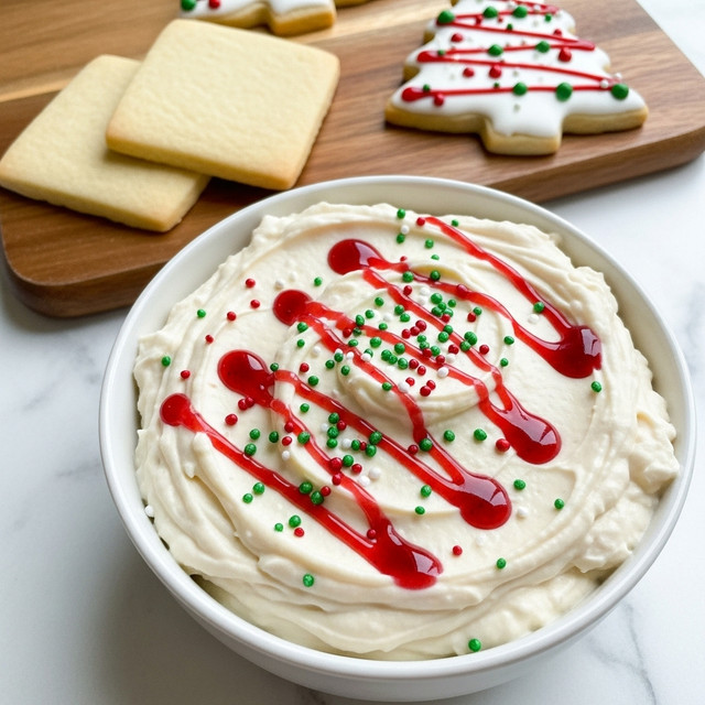 A close-up view of a white bowl filled with a creamy, thick white dip that has a soft, slightly chunky texture. The dip is decorated with thin, wavy red syrup lines swirled across the top, and sprinkled with small, round red and green sugar crystals evenly spread over the dip. In the background, there is a wooden board holding two light beige square cookies and a white Christmas tree-shaped cookie with white icing decorated with red stripes and green sprinkles. The whole setting is placed on a white marbled surface. photo taken with an iphone --ar 4:5 --v 7