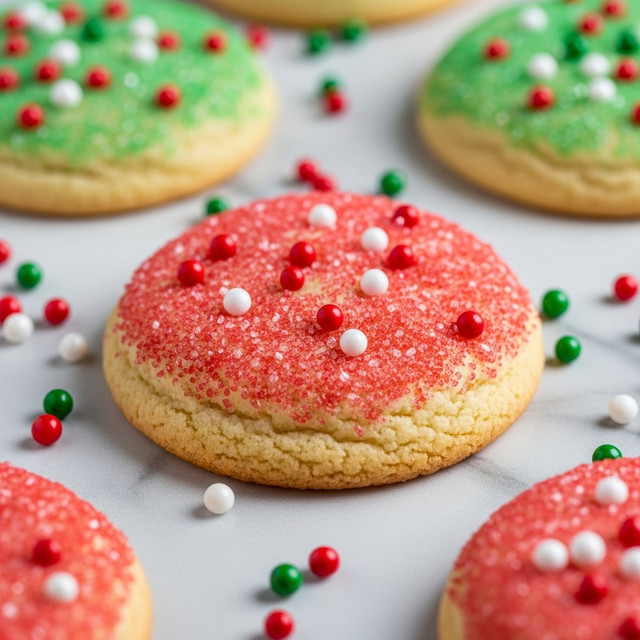 The image shows a close-up of a single sugar cookie covered in red and green sugar crystals that give it a sparkling texture. The cookie is round, slightly puffed, and soft looking, with a light golden-brown dough visible under the sugar. Around the cookie, there are small round sprinkles in red, white, and green scattered on a baking tray with a white marbled texture. In the background, there are other cookies similarly covered with red and green sugar crystals. The focus on the center cookie makes its details sharp while the rest softly blur. photo taken with an iphone --ar 4:5 --v 7