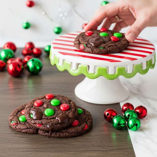 Two thick chocolate cookies lie on a dark wooden surface with shiny red and green candy pieces embedded on top, some slightly melted into the cookie. Next to them are shiny red and green small jingle bells scattered loosely. A woman's hand holds a white cake stand with wide red and white stripes on top and a bright green scalloped edge, also holding a similar cookie. The background is softly blurred with similar red and green bells giving a festive look. The surface beneath is changed to white marbled texture. photo taken with an iphone --ar 4:5 --v 7