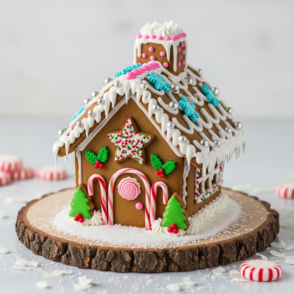 A small gingerbread house sits on a round wooden base with textured bark edges, covered in white icing that looks like thick snow with colorful sprinkles. The house has three visible walls made from brown gingerbread. The front wall features a door decorated with swirled white icing topped with a pink candy and is bordered by two red and white candy cane sticks. Above the door is a star-shaped cookie covered in white icing and red and green sprinkles, with green holly leaves and red berry decorations on each side. The roof is thickly layered with fluffy white icing piped in small scallop patterns and decorated with silver balls, pink dots on the chimney, and blue snowflake shapes. The sides of the house have white dripping icing with round red and white peppermint candies. The surface beneath the wooden base is a white marbled texture with scattered coconut flakes and a peppermint candy nearby. photo taken with an iphone --ar 4:5 --v 7