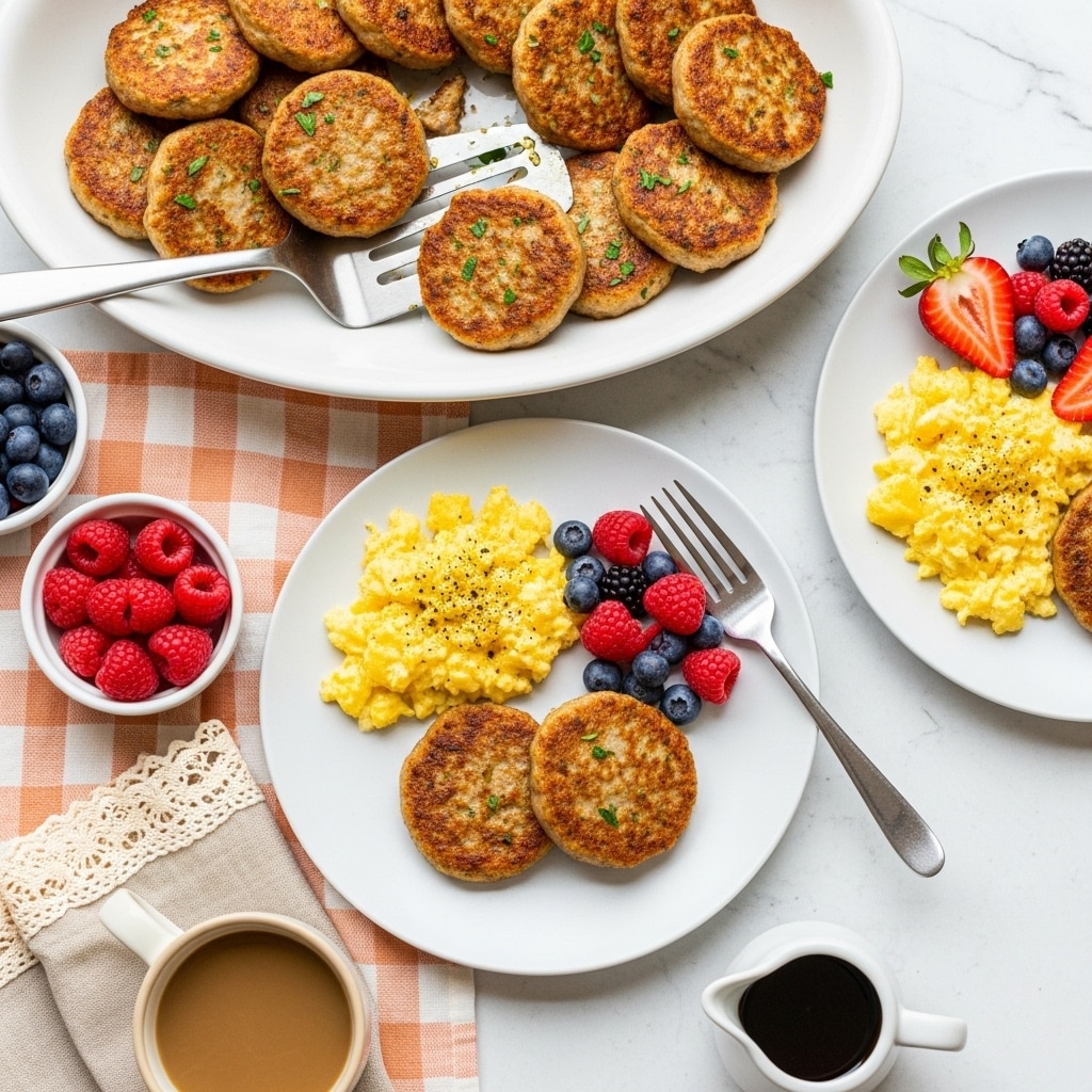 The image shows a breakfast scene with a white oval plate filled with many golden-brown sausage patties, some garnished with green herbs, and a metal spatula resting on the plate. In front of this plate is a white round plate with two sausage patties, fluffy yellow scrambled eggs with black pepper on top, and a small pile of mixed berries including strawberries, blueberries, and raspberries on the side. A silver fork is placed on the right side of this plate. To the right, there is another white plate partly visible with scrambled eggs and sausage patties, along with a sliced strawberry. Below these plates, there is a small light beige cup filled with light brown coffee and a small white cream pitcher with dark syrup inside. On the left side, small bowls filled with blueberries and raspberries sit on a peach and white checkered tablecloth with a bit of a lace-trimmed beige napkin visible near the coffee cup. The whole setup rests on a white marbled textured surface. Photo taken with an iphone --ar 4:5 --v 7