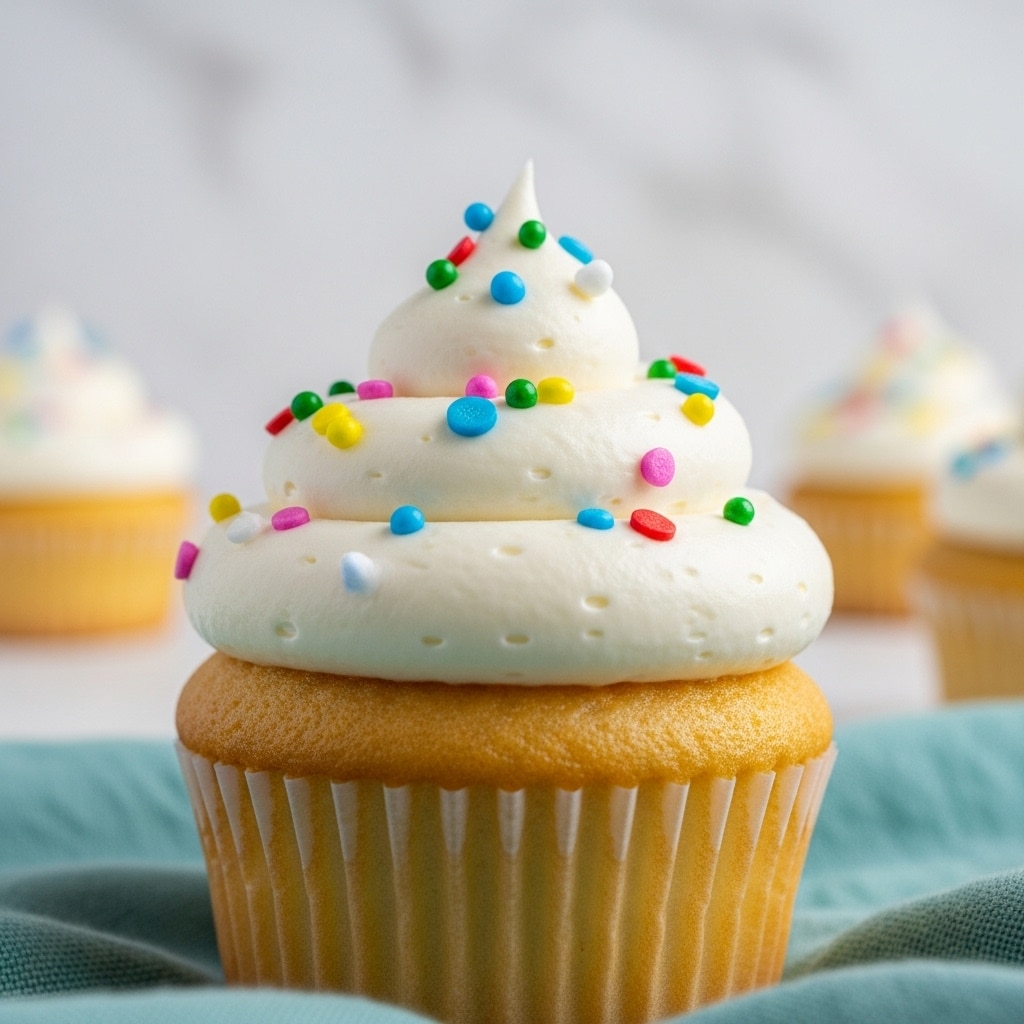 A close-up of a cupcake showing one swirl of thick white frosting with smooth texture on top, decorated with small colorful sprinkles in shades of blue, pink, yellow, green, and red. The cupcake's base is light golden yellow with a slightly wrinkled paper wrapper. It sits on a soft teal cloth against a clean white marbled background with two blurred cupcakes in the distance. Photo taken with an iphone --ar 4:5 --v 7