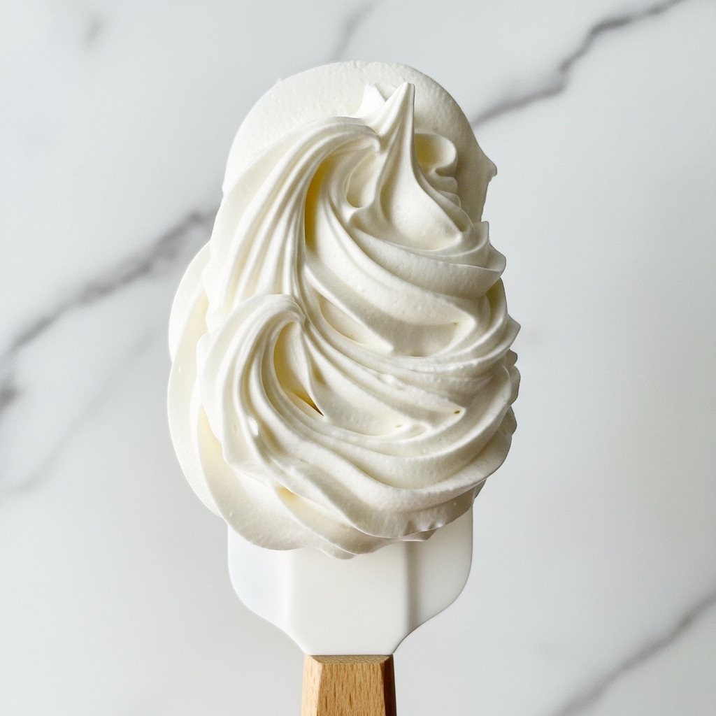 A close-up of a thick, fluffy white cream or frosting with a soft, whipped texture sitting on a white spatula with a light brown wooden handle, against a white marbled background. The cream looks smooth with gentle peaks and swirls, showing its airy and light consistency. photo taken with an iphone --ar 4:5 --v 7
