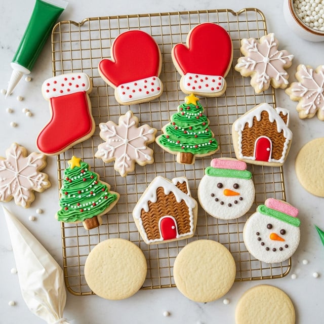 A variety of Christmas cookies lie on a white marbled surface and a gold cooling rack. There are several types: stocking cookies with smooth red icing for the body and white dotted cuffs; mitten-shaped cookies decorated with red icing and white cuffs; Christmas tree cookies with layered, textured green icing and small white dot decorations; snowflake cookies with simple white or light pink piped icing in star shapes; gingerbread house cookies with brown textured icing for the house and white and red icing for the roofs and doors; round snowman face cookies with white sugar-coated faces, small chocolate eyes, orange carrot noses, and hats made from green or pink icing; and plain cookies with no icing. Around the cookies are decorating tools, including a green icing tube, a white icing bag, a small bowl with white round sprinkles, and some white sprinkles scattered about. photo taken with an iphone --ar 4:5 --v 7