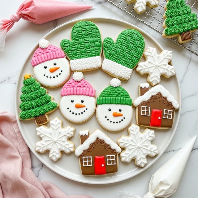 A white round plate holds nine decorated Christmas-themed cookies arranged closely, each with detailed colored icing. There are two snowman faces, one with a pink hat and white textured face, the other with a green hat and white textured face, both with small brown eyes and an orange carrot nose. Two mitten cookies are decorated with green icing in a woven pattern and white cuffs. Two Christmas tree cookies have three layers of green icing piped to look like branches and a brown trunk at the bottom. Two house-shaped cookies have brown textured roofs, white snow edging, and a small bright red door. Two snowflake cookies are decorated with white icing in a textured pattern over the cookie. A couple of pink and white icing bags and a cooling rack with more Christmas tree and snowflake cookies are visible on the white marbled surface. A corner of a pink cloth is also seen at the bottom left. photo taken with an iphone --ar 4:5 --v 7