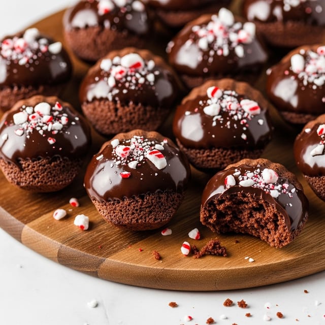 The image shows several chocolate madeleines arranged closely on a round wooden board, which sits on a white marbled surface. Each madeleine is small, shell-shaped, and has a rich, dark brown color with a soft, slightly crumbly texture. The top half of each madeleine is dipped in smooth, glossy dark chocolate, creating a shiny surface that contrasts with the matte texture of the cake beneath. Scattered on top of the chocolate are small pieces of crushed white and red peppermint candy, adding a festive pop of color and texture. One madeleine is partially eaten, revealing the moist inside, and small crumbs are scattered around the board. photo taken with an iphone --ar 4:5 --v 7