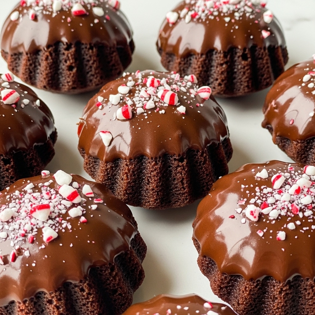 The image shows multiple dark chocolate madeleines, each with one half dipped in smooth, shiny chocolate glaze that looks thick and glossy. On top of the glaze, crushed peppermint candy pieces in white and red colors are sprinkled, adding a crunchy texture. The madeleines have a shell-like, ridged surface and a soft, moist crumb visible on the undipped half. They are placed close to each other on a white marbled texture. photo taken with an iphone --ar 4:5 --v 7