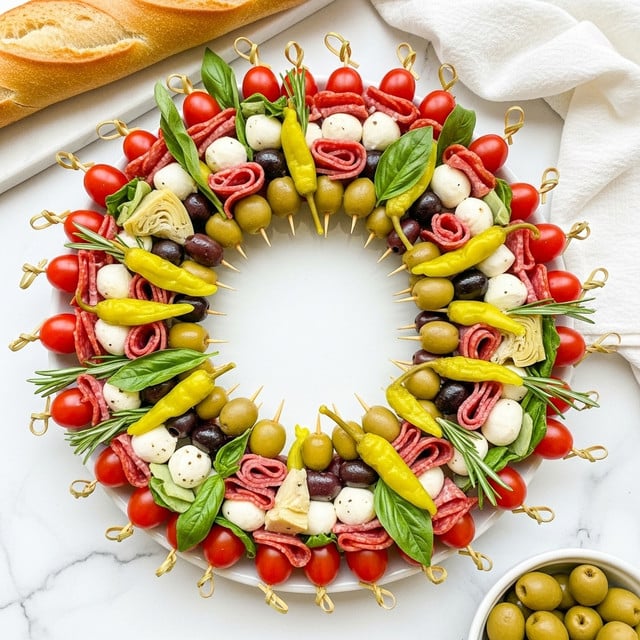 A white plate holds a circular wreath made from multiple small wooden skewers, each layered with colorful ingredients. Each skewer has bright red cherry tomatoes, white mozzarella balls, green and black olives, folded slices of pink and red cured meats, pale artichoke hearts, yellow pepperoncini, and fresh green basil leaves, accented by sprigs of rosemary. The wreath forms a dense, textured ring with a clear center. In the background, a long baguette rests on a white marbled surface with a white cloth nearby, and in the bottom corner, a white bowl filled with green olives is visible. Photo taken with an iphone --ar 4:5 --v 7