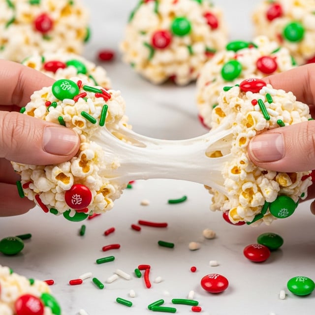 The image shows a close-up of two white popcorn balls with a gooey, stretchy white marshmallow layer pulling apart between them. The popcorn balls are mixed with red and green candy-coated chocolates and red, green, and white sprinkles scattered on a white marbled surface. The popcorn balls have a bumpy texture from the popcorn and candy, and the colors of the red and green candies stand out against the light marshmallow and popcorn base. A woman's hand is holding each popcorn ball on either side, gently pulling them apart to show the stretchy marshmallow inside. Photo taken with an iphone --ar 4:5 --v 7