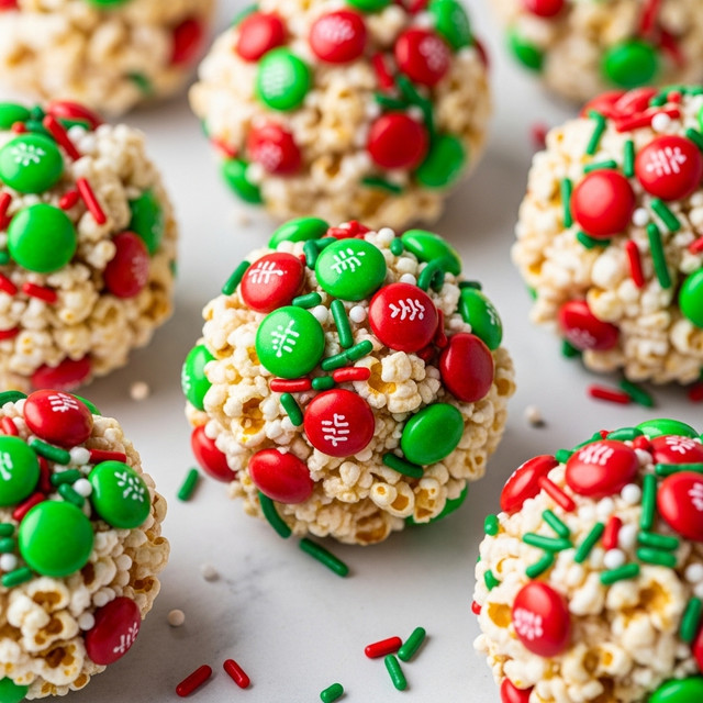 The image shows several round balls made of white popcorn mixed with red and green candy pieces spread all over them. The balls are covered with red and green sprinkles, giving bright pops of color. Each ball has a rough and bumpy texture from the popcorn clusters, with the smooth candy pieces embedded inside. They are placed close together on a background with a white marbled texture, and small pieces of sprinkles are scattered around. photo taken with an iphone --ar 4:5 --v 7